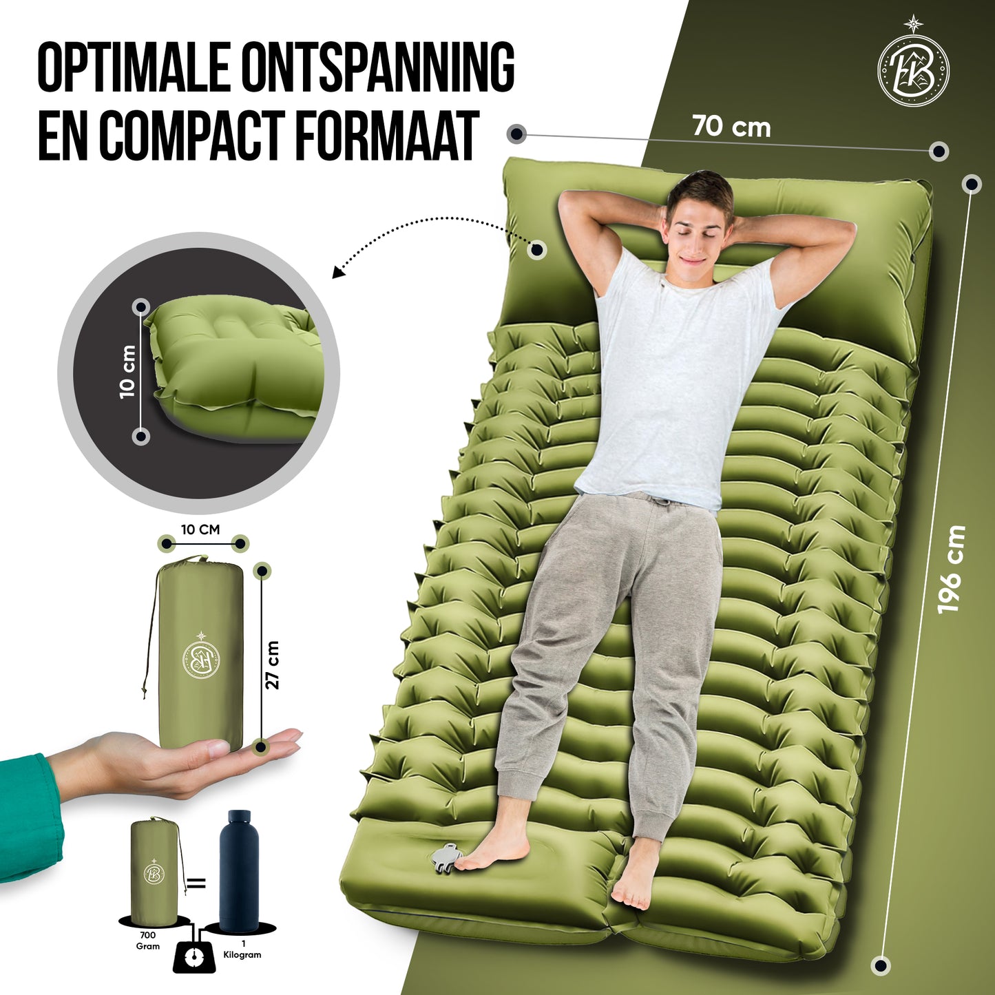 Kochar Slaapmat zelfopblazend - Slaapmat met ingebouwde voetpomp & hoofdkussen - Camping Matras