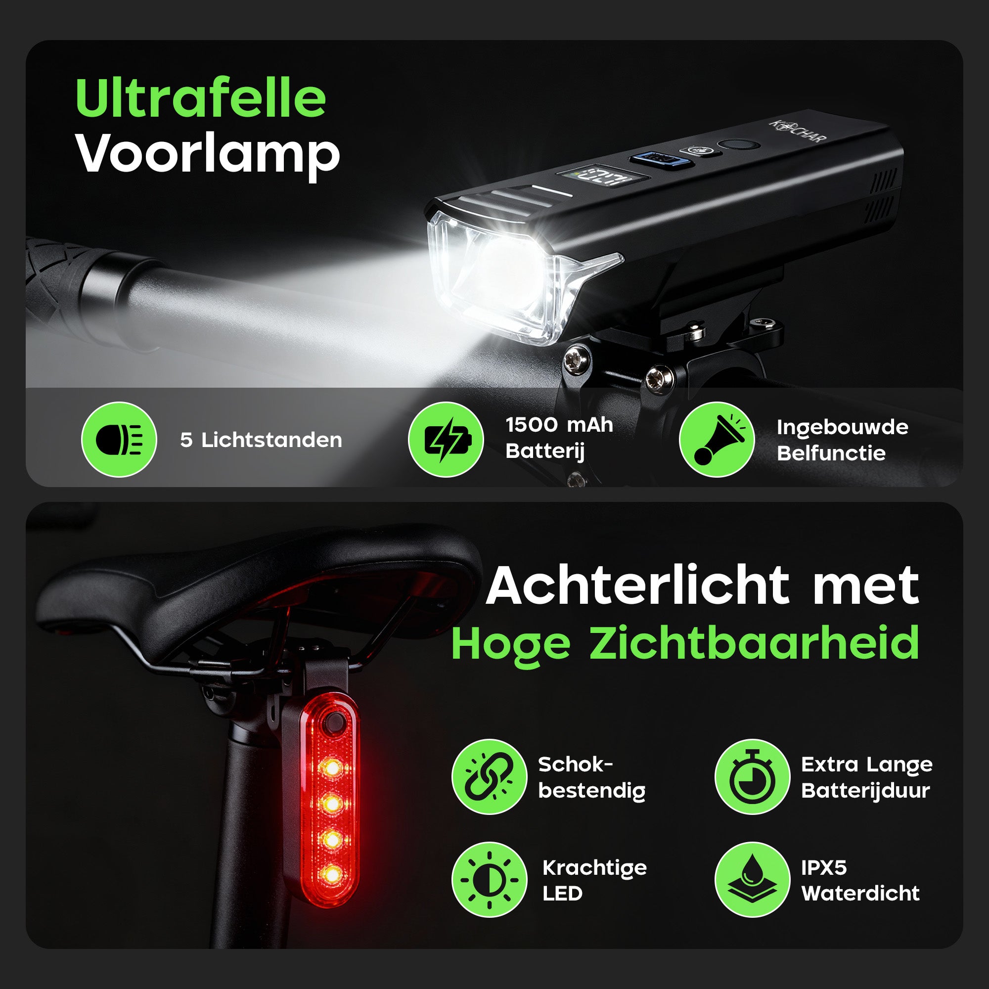 Kochar Fietsverlichting Set LED – Met Ingebouwde Fietsbel & Afstandsbediening - Voorlicht & Achterlicht – 500 Lumen – Fietslampjes USB oplaadbaar