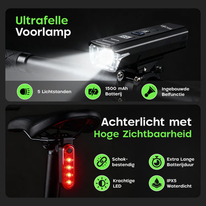 Kochar Fietsverlichting Set LED – Met Ingebouwde Fietsbel & Afstandsbediening - Voorlicht & Achterlicht – 500 Lumen - Waterdicht - Fietslicht – Fietslampjes USB oplaadbaar - Fietslamp