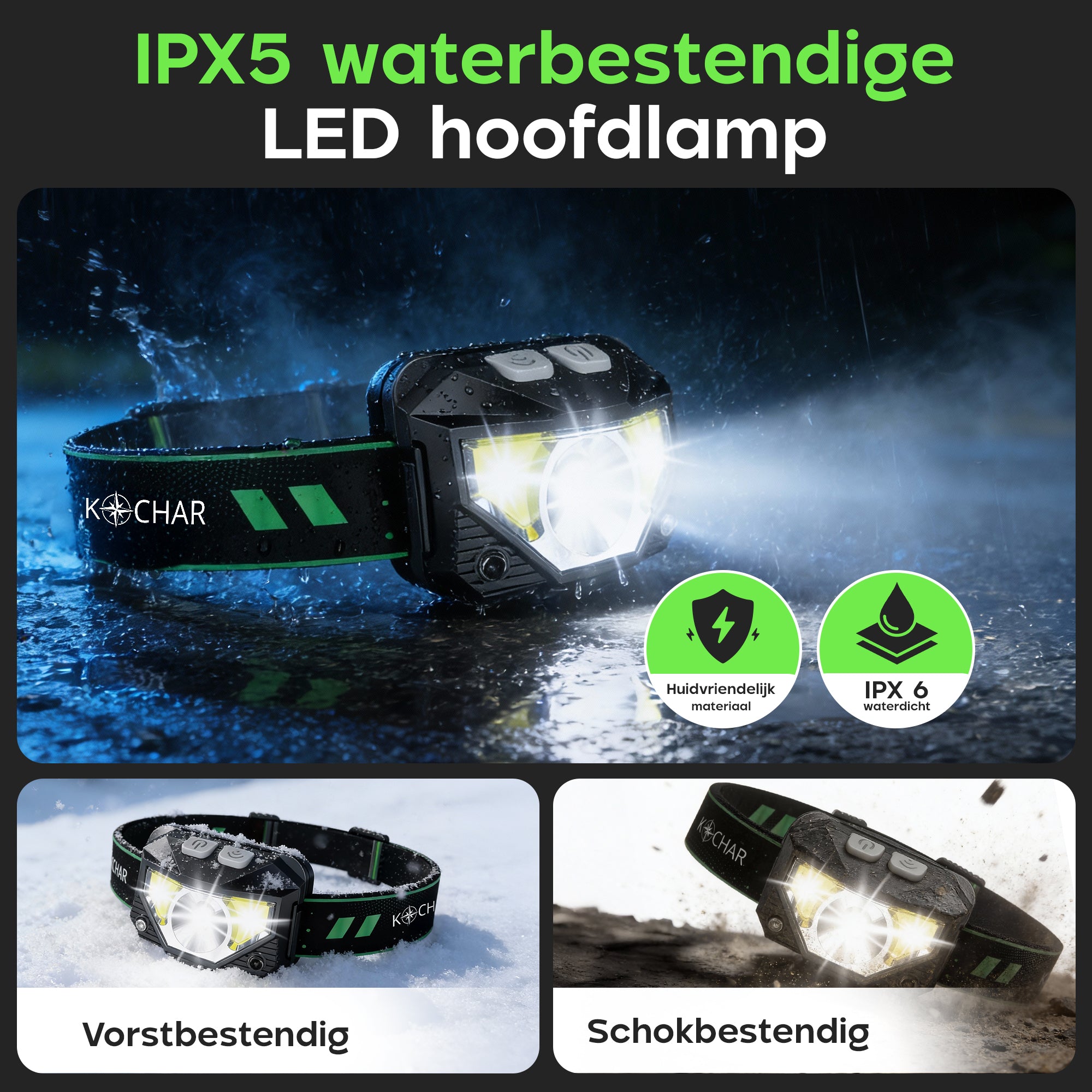 Kochar Hoofdlamp LED oplaadbaar - 1200 Lumen - 8 Standen