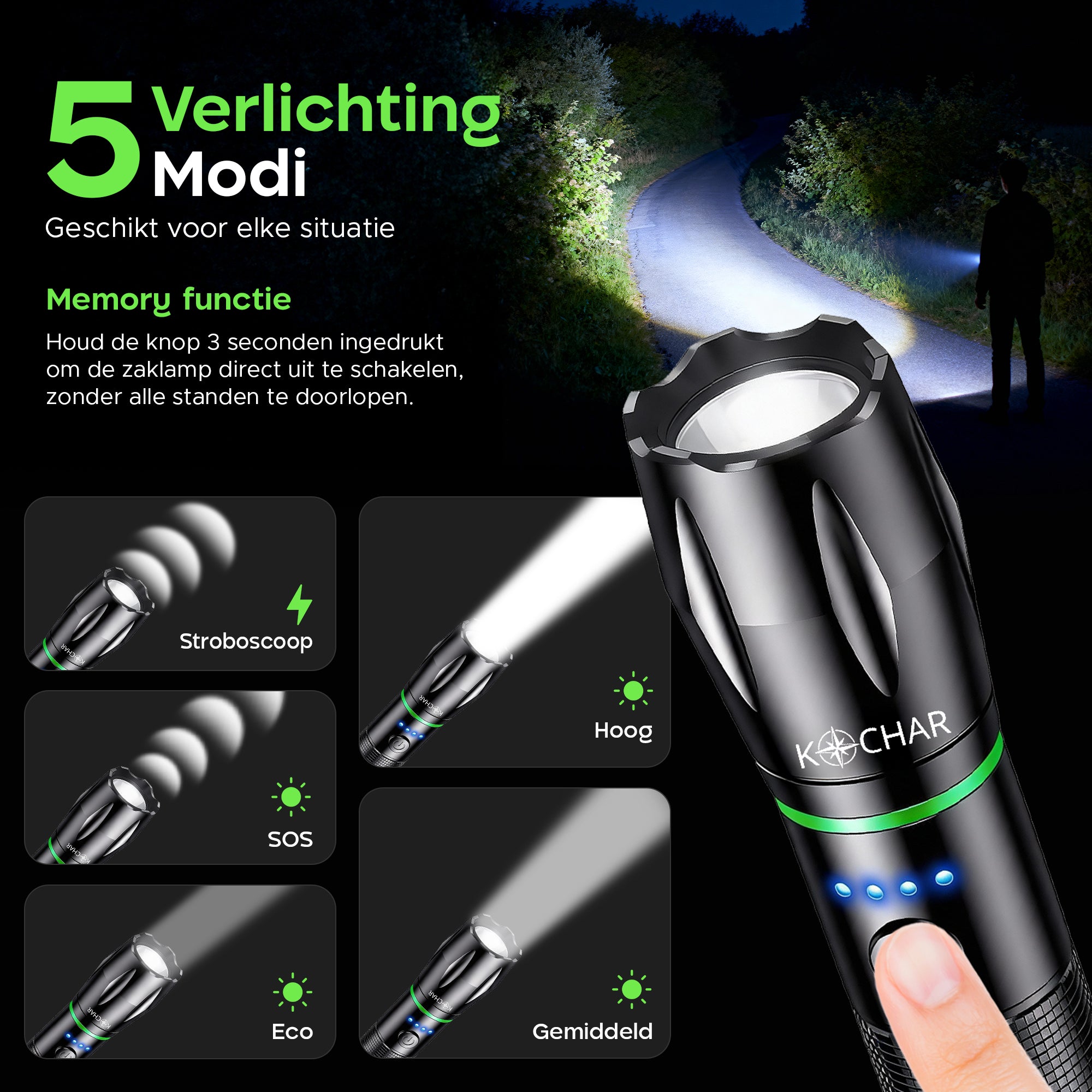 Kochar EDC Zaklamp LED oplaadbaar - Set van 2 - 800 Lumen - 5 Standen