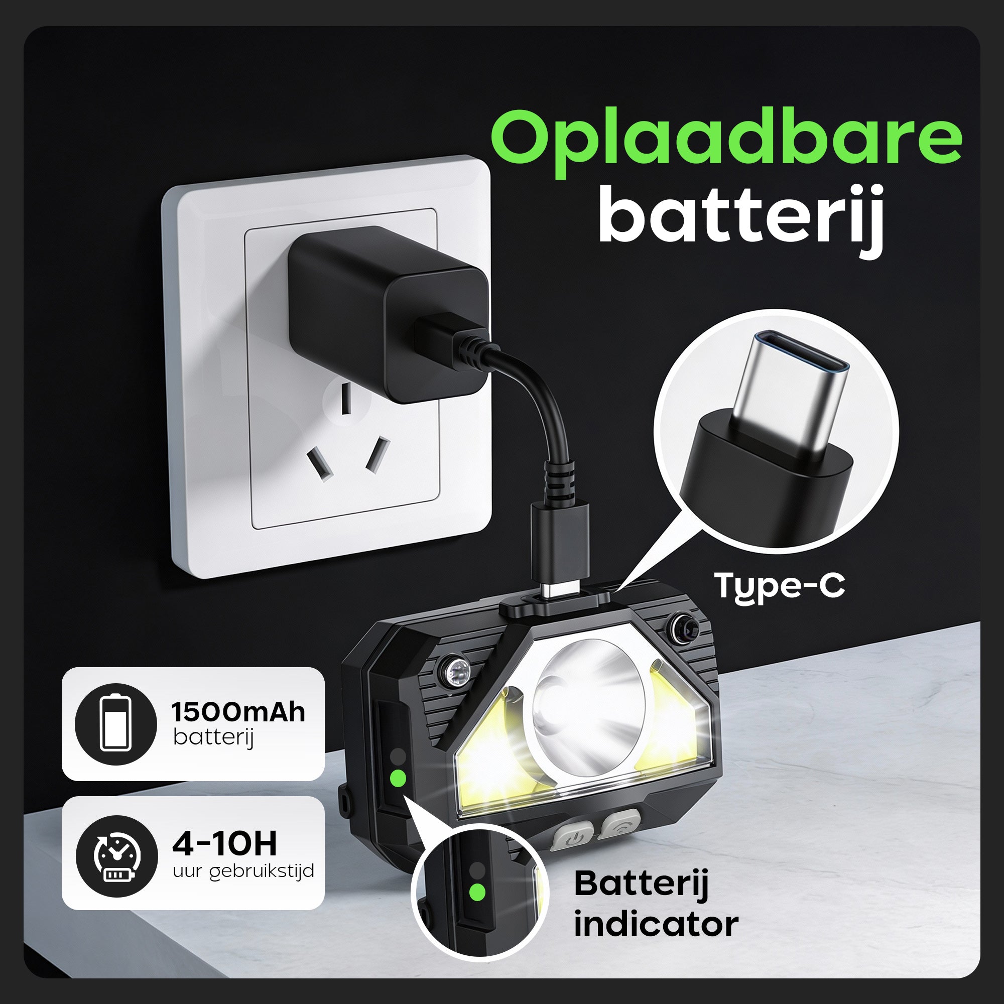 Kochar Hoofdlamp LED oplaadbaar - 1200 Lumen - 8 Standen