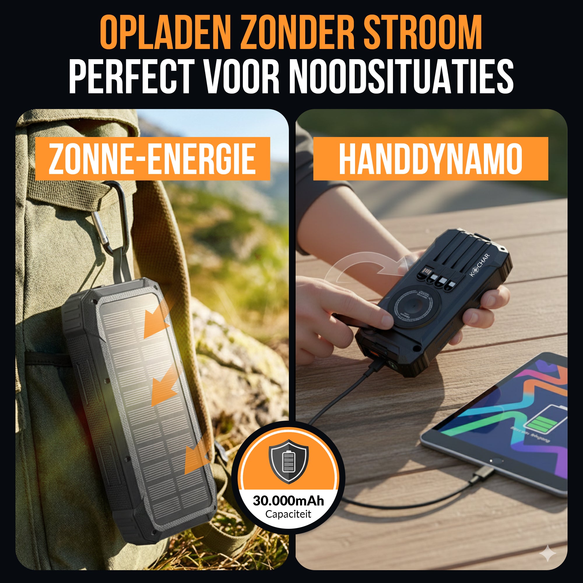 Kochar Solar Powerbank 30000 mAh - Zwart