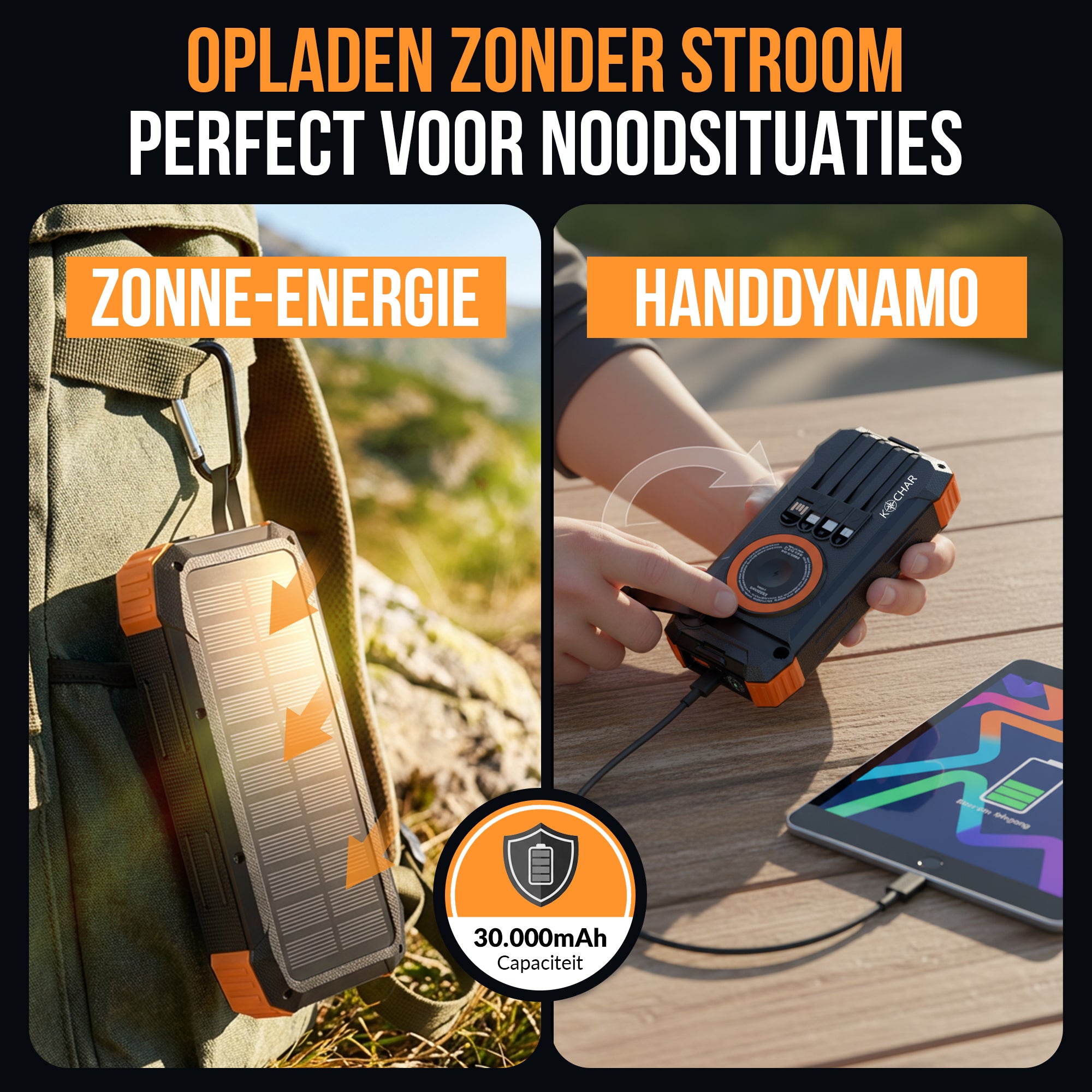 Kochar Solar Powerbank 30000 mAh - Oranje