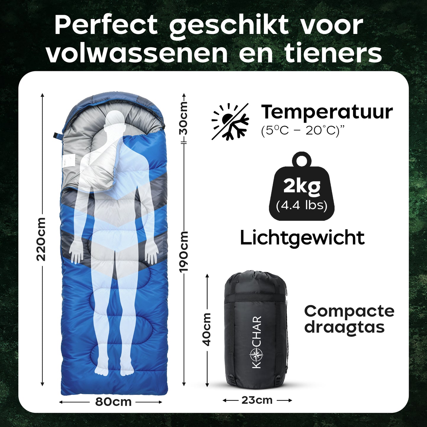 Kochar Slaapzak 2kg - Blauw- 4 Seizoenen - Slaapzak voor Volwassenen en Kinderen - Met Compressie Draagtas - Ideaal voor Kamperen & Outdoor Survival