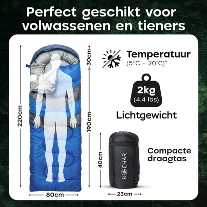 Kochar Slaapzak 2kg - Blauw- 4 Seizoenen - Slaapzak voor Volwassenen en Kinderen - Met Compressie Draagtas - Ideaal voor Kamperen & Outdoor Survival