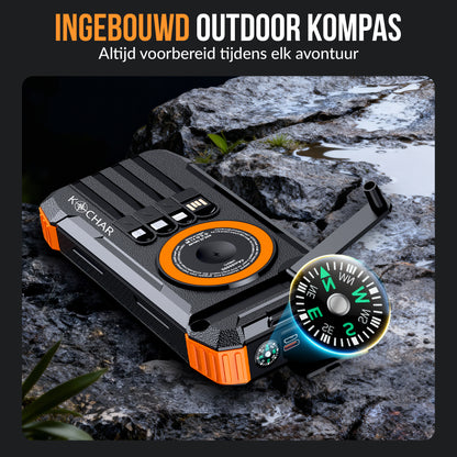 Kochar Solar Powerbank 30000 mAh – Oranje- Powerbank Zonneenergie - Snellader 22.5W - Draadloos Laden 15W - Handcrank Opladen - Zaklamp - Laser - Kompas - 4 Ingebouwde Kabels - Powerbank voor Noodpakket