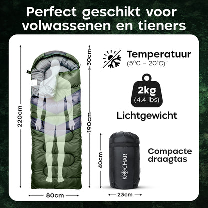 Kochar Slaapzak 2kg - Groente- 4 Seizoenen - Slaapzak voor Volwassenen en Kinderen - Met Compressie Draagtas - Ideaal voor Kamperen & Outdoor Survival