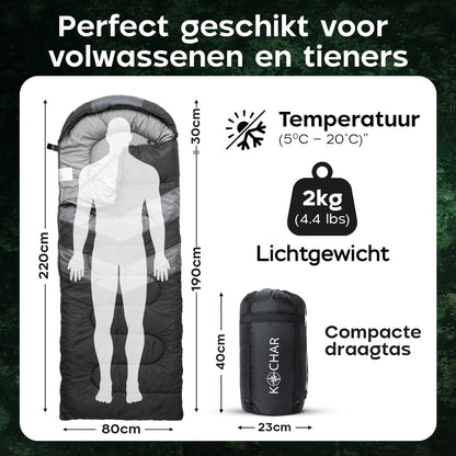 Kochar Slaapzak 2kg - Zwart - 4 Seizoenen - Slaapzak voor Volwassenen en Kinderen - Met Compressie Draagtas - Ideaal voor Kamperen & Outdoor Survival