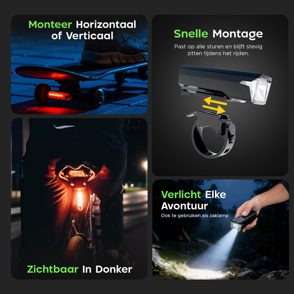 Kochar Fietsverlichting Set LED – Met Ingebouwde Fietsbel & Afstandsbediening - Voorlicht & Achterlicht – 500 Lumen – Fietslampjes USB oplaadbaar