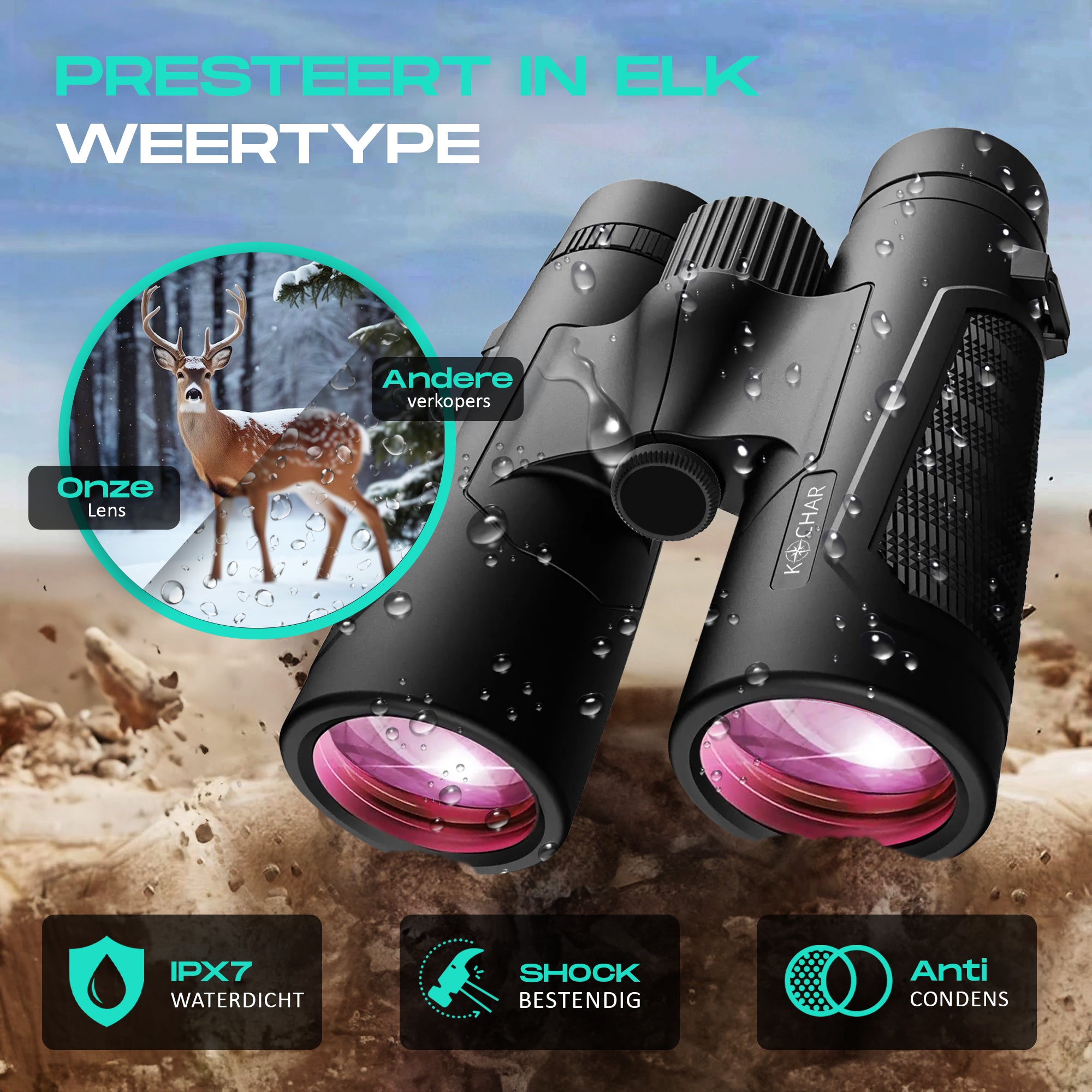 Kochar Verrekijker - 12x42 - BAK4 - Waterdicht -Paarse Lens