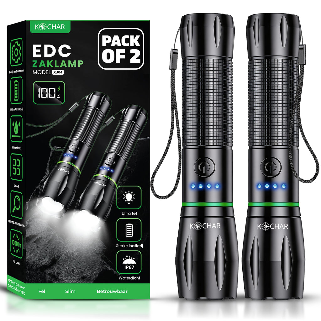 Kochar EDC Zaklamp LED oplaadbaar - Set van 2 - 800 Lumen - 5 Standen