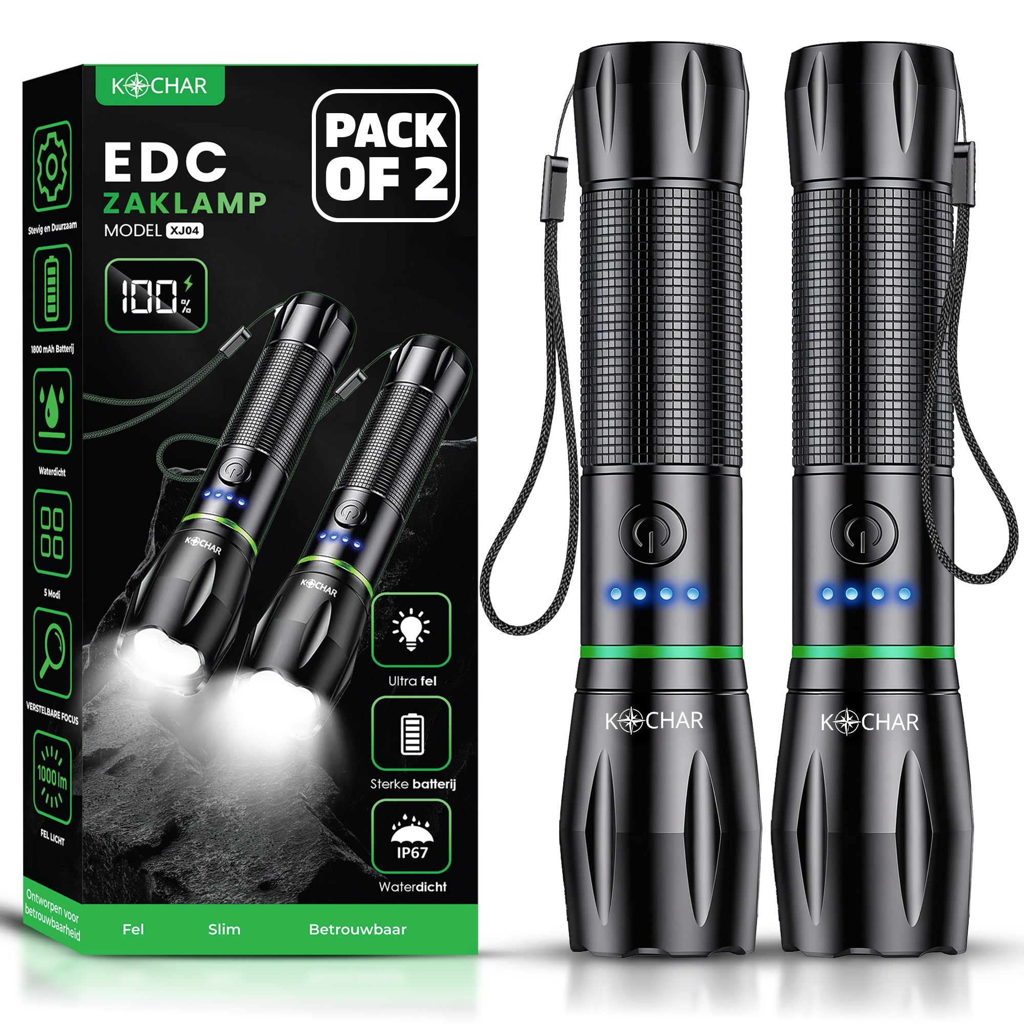 Kochar EDC Zaklamp LED oplaadbaar - Set van 2 - 800 Lumen - 5 Standen