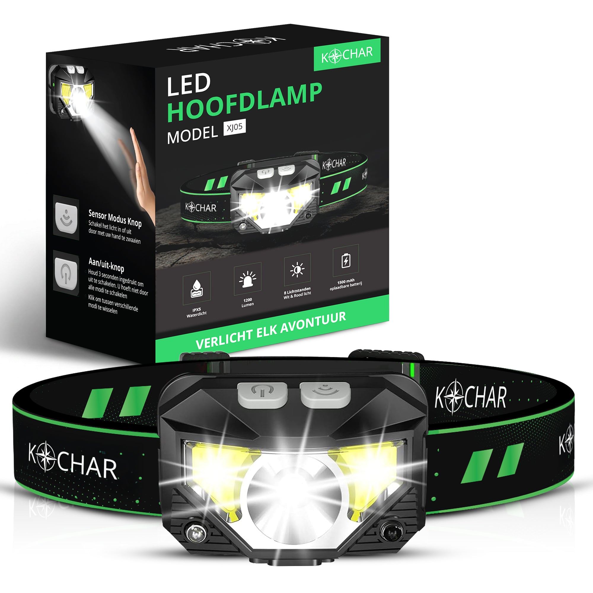 Kochar Hoofdlamp LED oplaadbaar - 1200 Lumen - 8 Standen