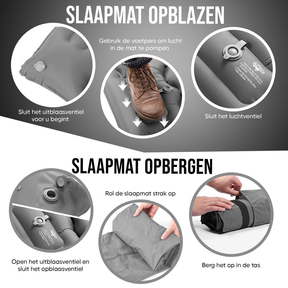 Kochar Slaapmat Zelfopblazend – Met Ingebouwde Voetpomp & Hoofdkussen - Grijs