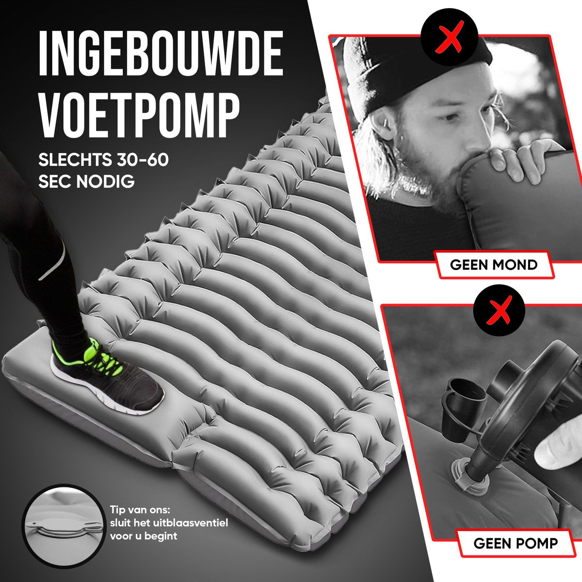 Kochar Slaapmat Zelfopblazend – Met Ingebouwde Voetpomp & Hoofdkussen - Grijs