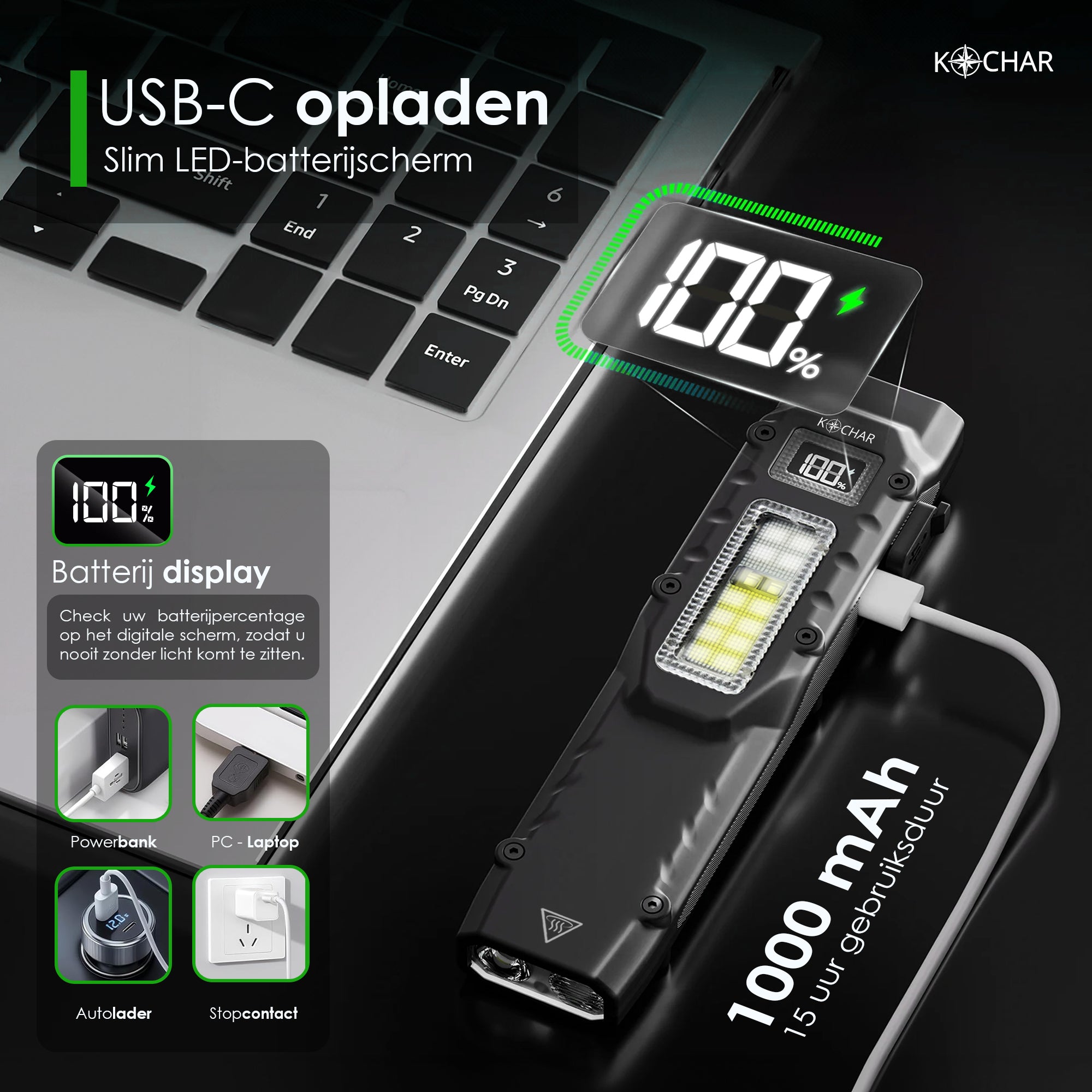 Kochar EDC Zaklamp LED Oplaadbaar - 1000 Lumen