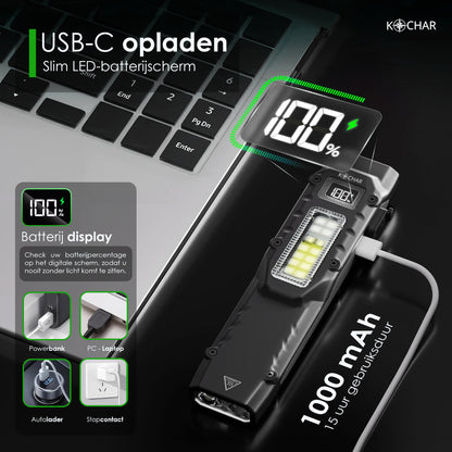Kochar EDC Zaklamp LED Oplaadbaar - 1000 Lumen - IPX5 Waterdicht - Zaklamp op batterijen - Militaire zaklamp - UV zaklamp - Tactische zaklamp