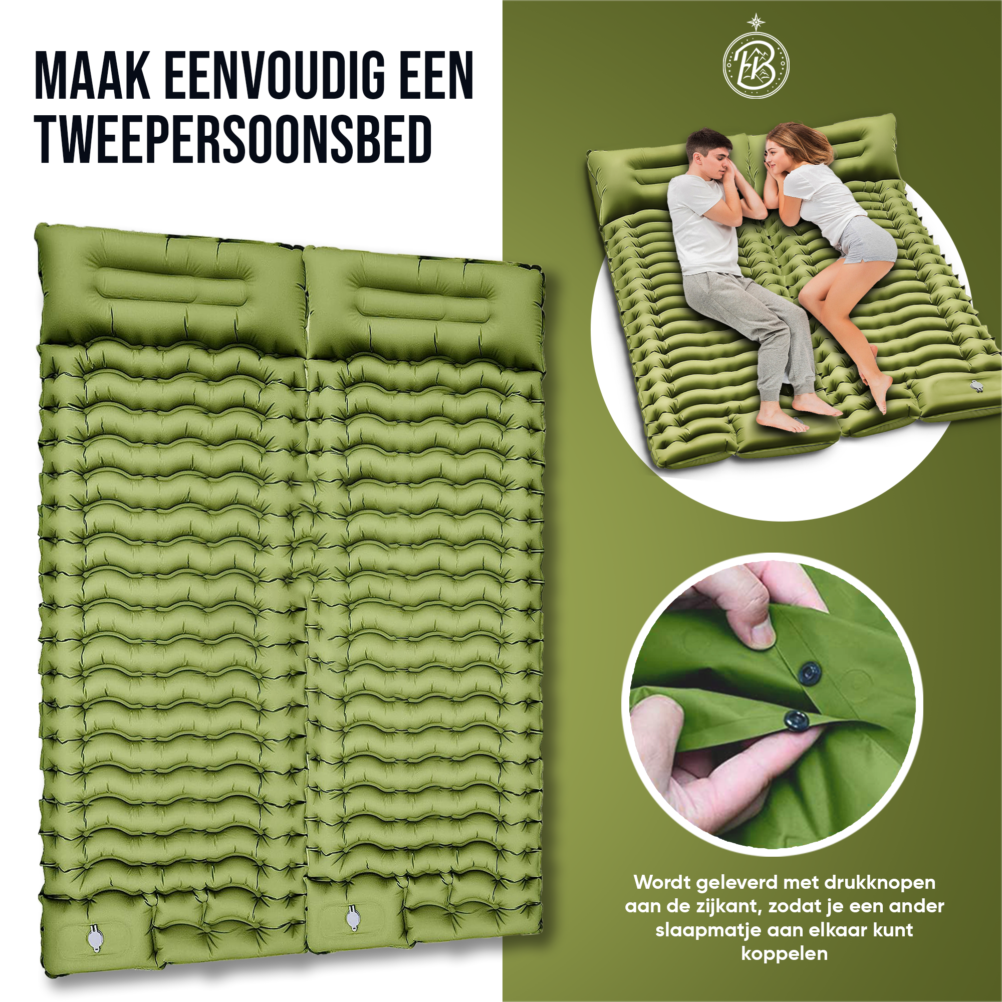 Kochar Slaapmat Zelfopblazend – Met Ingebouwde Voetpomp & Hoofdkussen - Groen