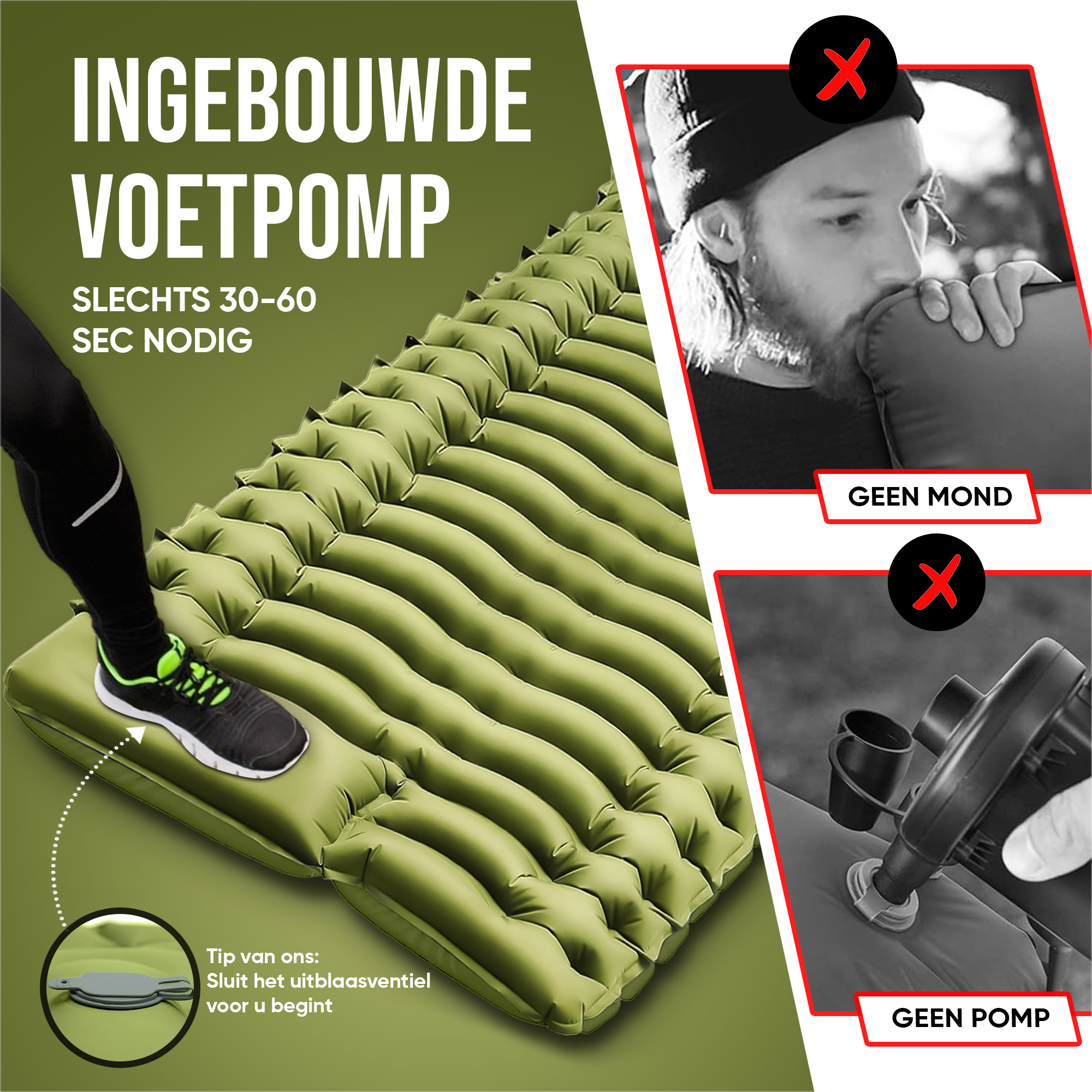 Kochar Slaapmat Zelfopblazend – Met Ingebouwde Voetpomp & Hoofdkussen - Groen
