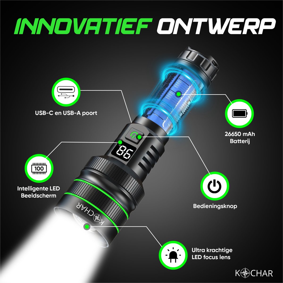 Kochar Zaklamp LED oplaadbaar - 5000 Lumen - 26650 mAh Oplaadbare Batterij - 6 Standen