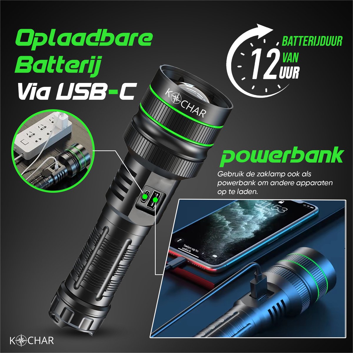 Kochar Zaklamp LED oplaadbaar - 5000 Lumen - 26650 mAh Oplaadbare Batterij - 6 Standen