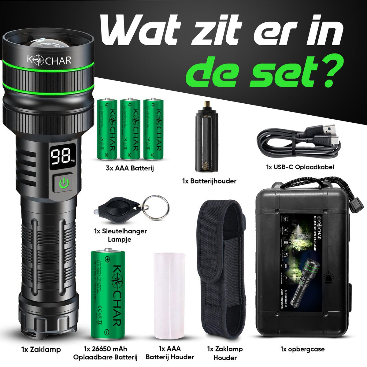 Kochar Zaklamp LED oplaadbaar - 5000 Lumen - 26650 mAh Oplaadbare Batterij - 6 Standen